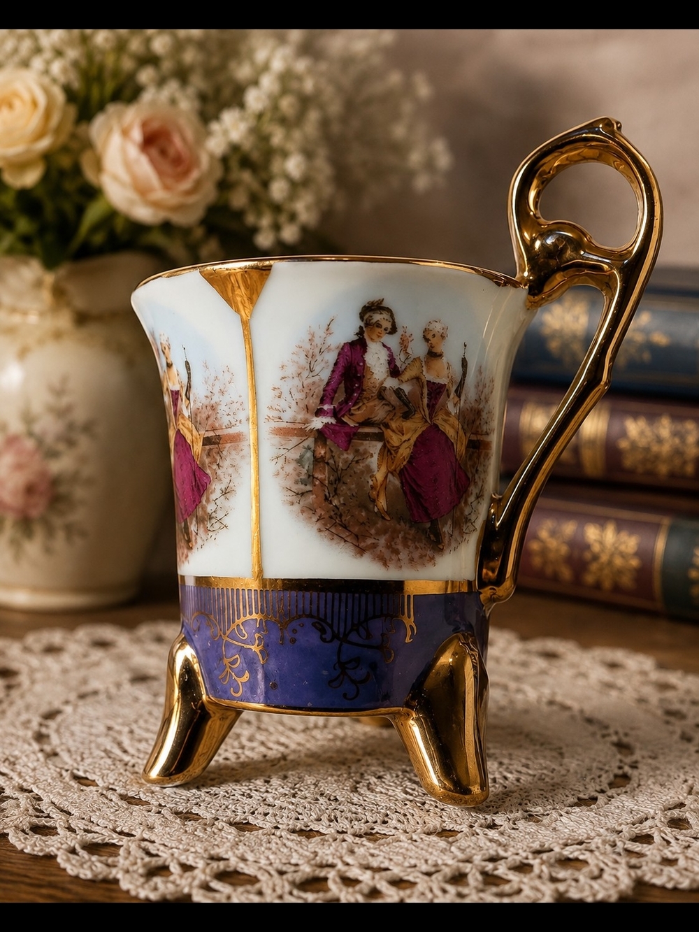 Vintage-Style Gold Trim Porcelain Mug in White, Purple and Gold